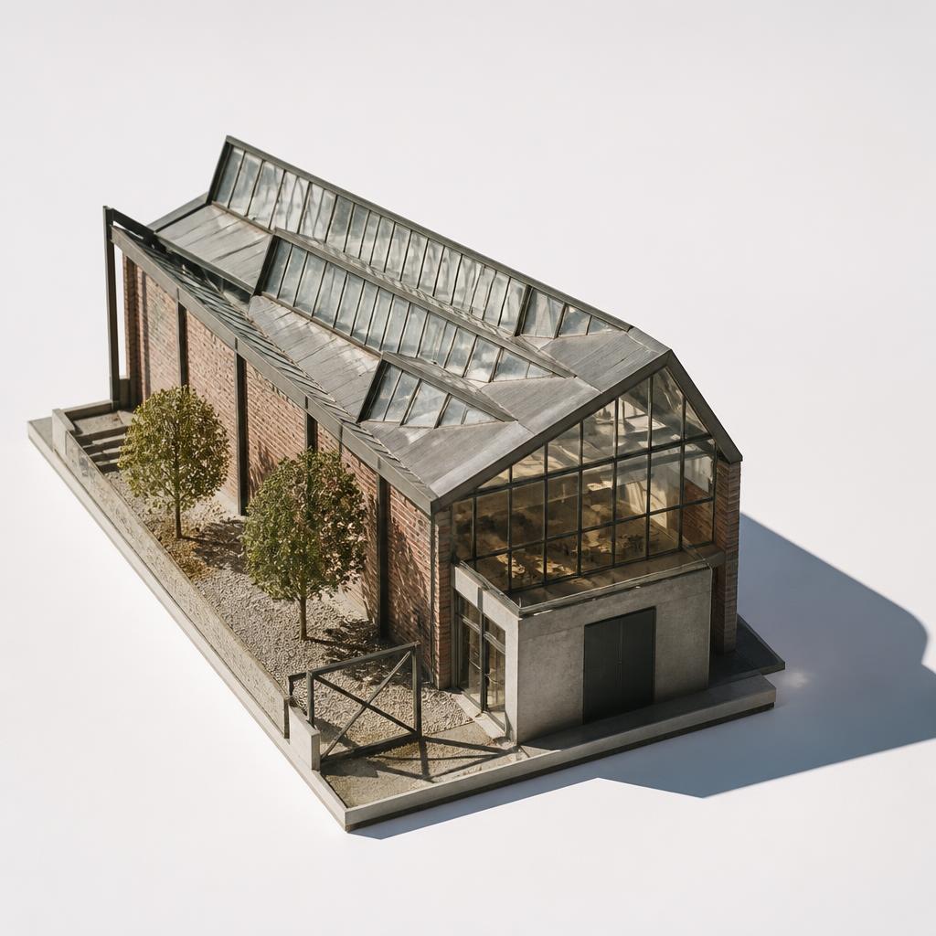 Maquette de l'Atelier Nord : halle industrielle en brique, toiture en sheds vitrés vers le nord.