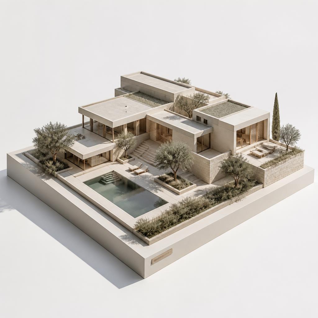 Maquette de la Villa Orme : volumes de travertin, patio et bassin longitudinal, oliviers.