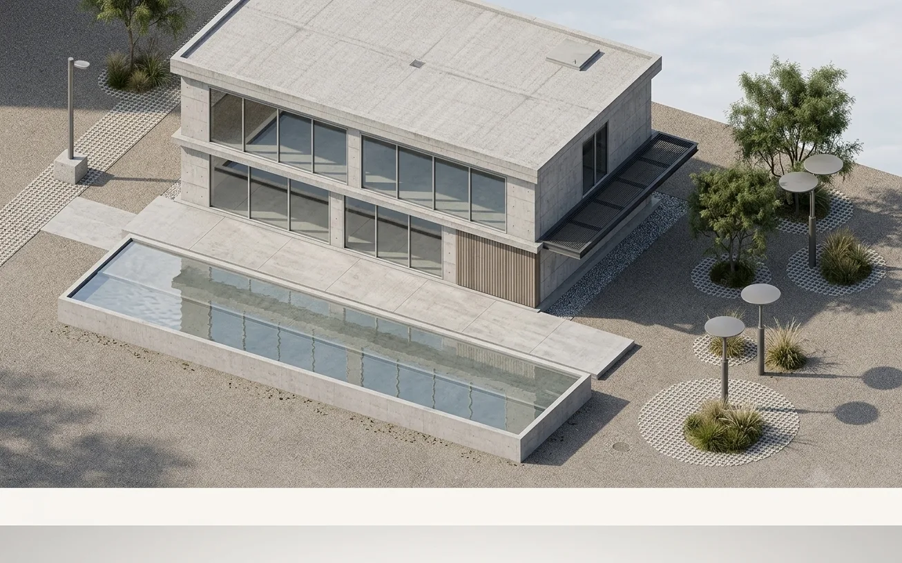 Villa contemporaine achevée, béton et verre, vue de jour