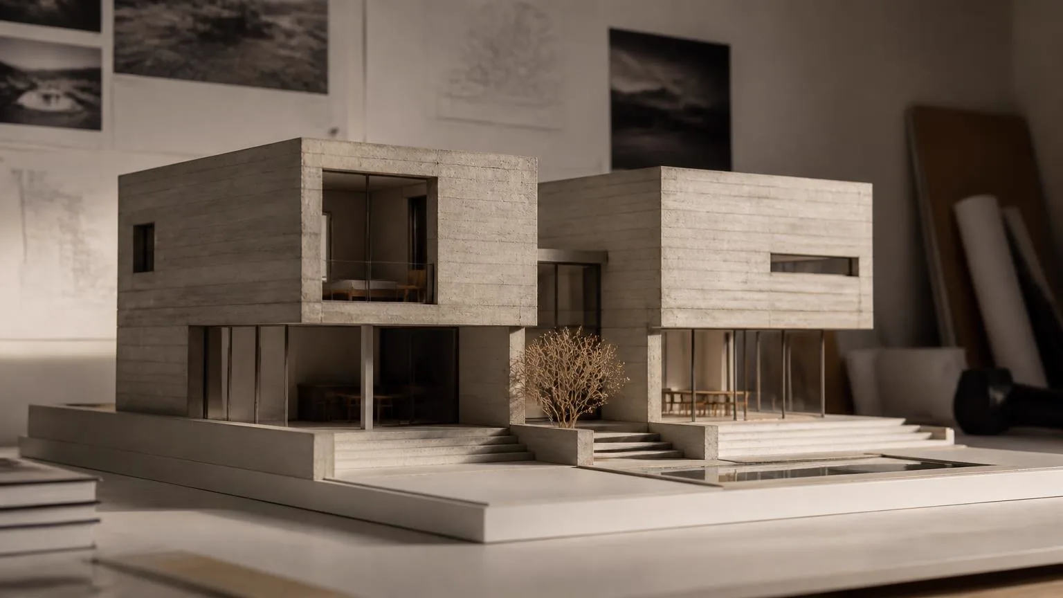 Maquette physique de la villa en béton, posée sur un socle blanc en atelier