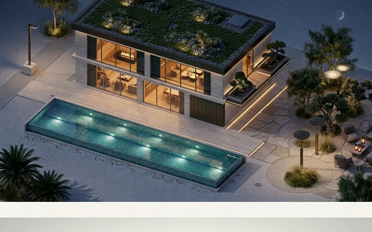 Villa illuminée en vue nocturne, bassin réfléchissant